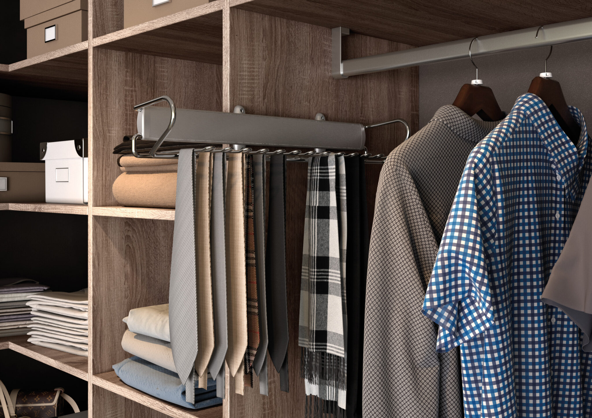 Support à cravates avec plusieurs cravates suspendues dans une armoire en bois, à côté de chemises sur des cintres.