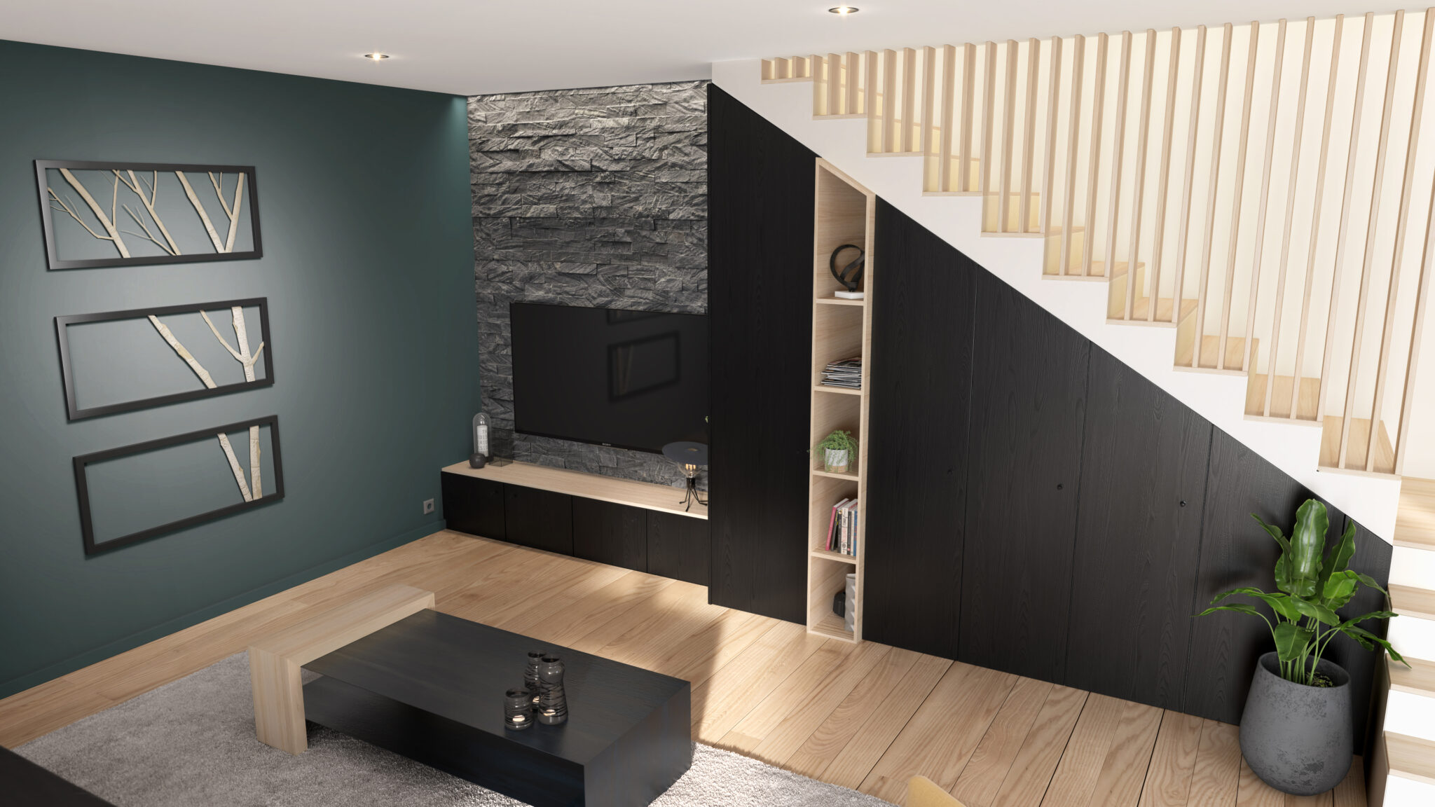 Salon moderne avec mur en pierre grise, meubles noirs, plantes en pot, étagères intégrées et cadres décoratifs sur mur vert.