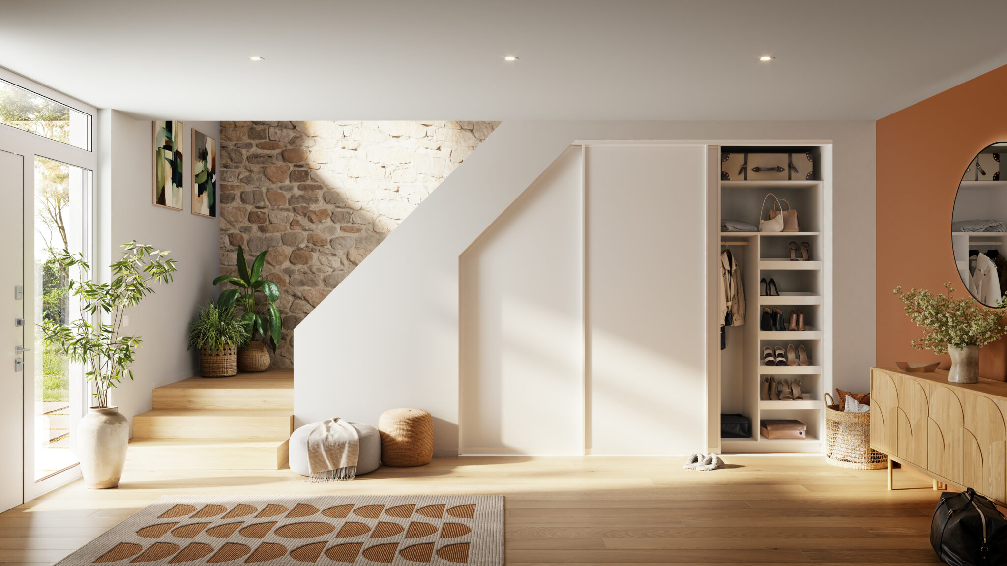 Un intérieur lumineux avec un mur en pierre, des plantes en pot, une armoire ouverte avec vêtements, et un meuble en bois clair.