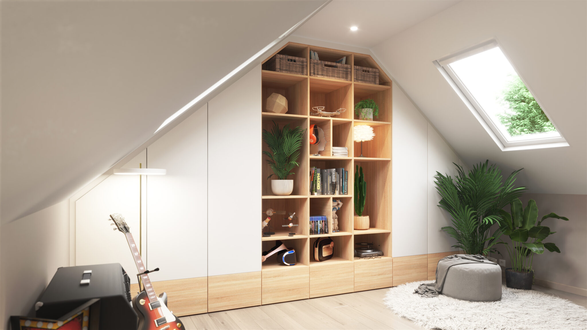 Une étagère en bois avec des plantes, livres et objets décoratifs est intégrée sous un toit mansardé, à côté d'une fenêtre de toit.