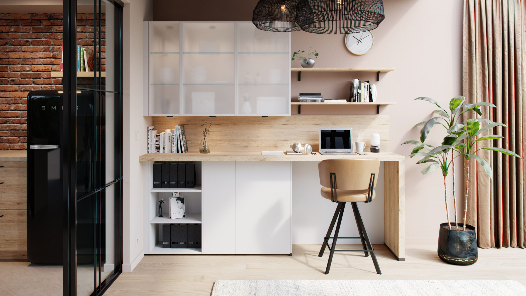 Bureau moderne avec chaise beige, étagères en bois, ordinateur portable, plante verte en pot et mur de briques apparentes.