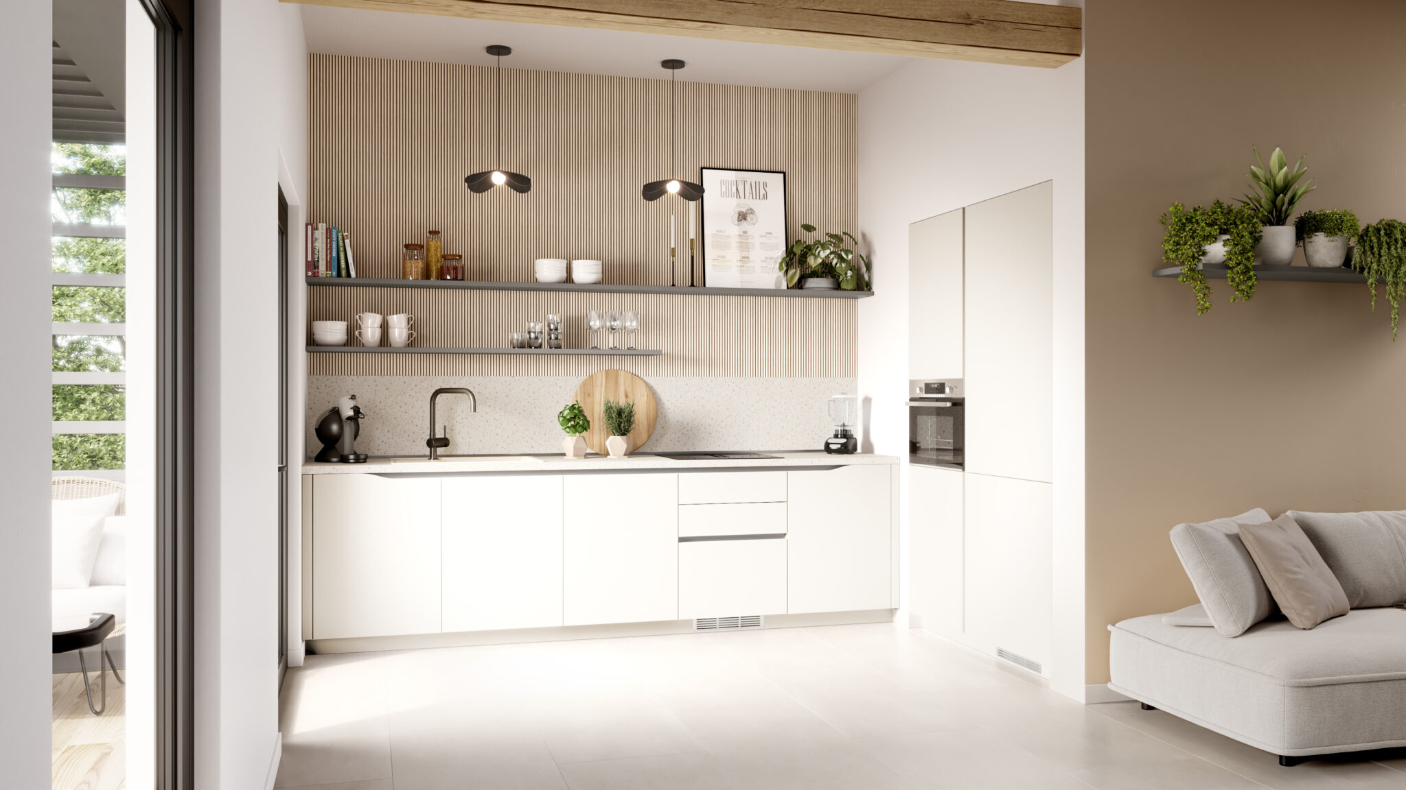 Cuisine moderne avec meubles blancs, plan de travail clair, étagères murales avec livres et plantes, et canapé beige à droite.