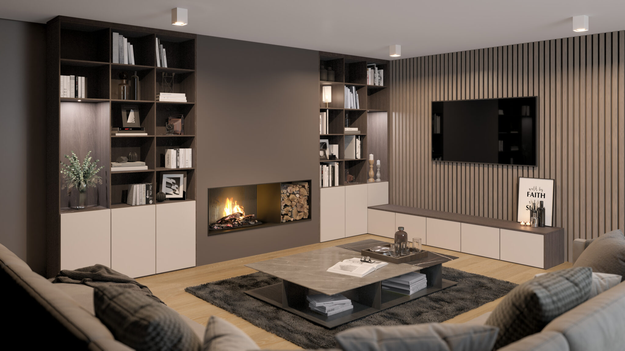 Un salon moderne avec une cheminée intégrée, des étagères remplies de livres et un canapé beige sur un tapis gris.