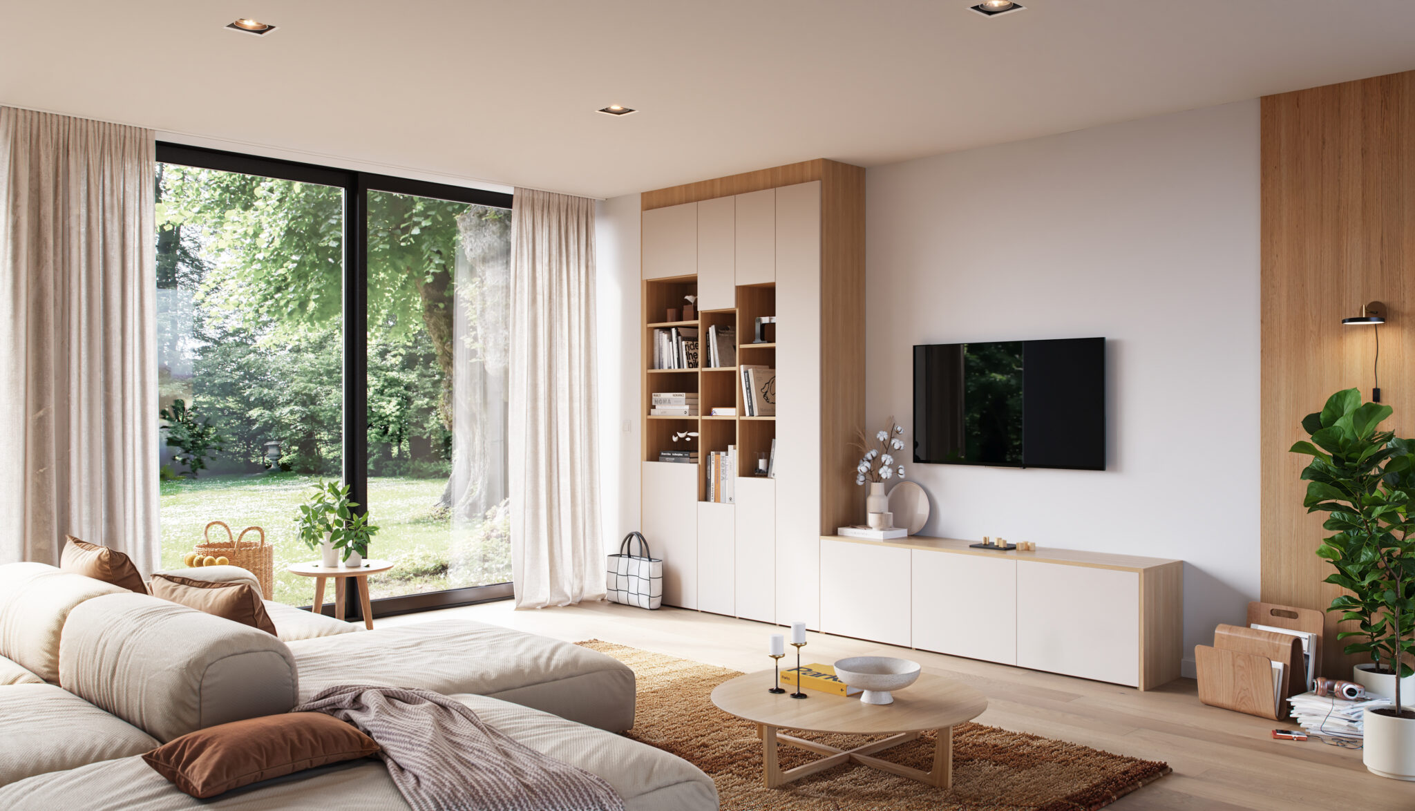 Salon moderne avec canapé beige, table basse en bois, étagères blanches, et grande baie vitrée donnant sur un jardin verdoyant.