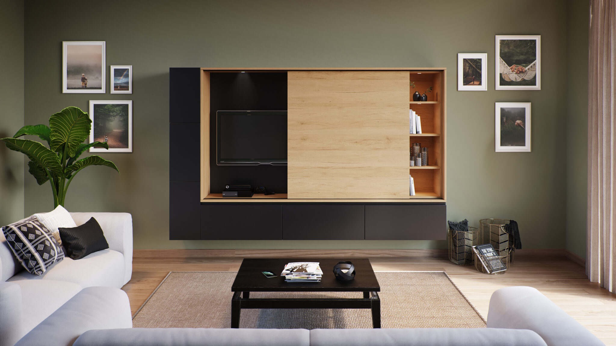 Un salon moderne avec un meuble mural noir et bois, une télévision, des étagères avec livres, et un canapé blanc.