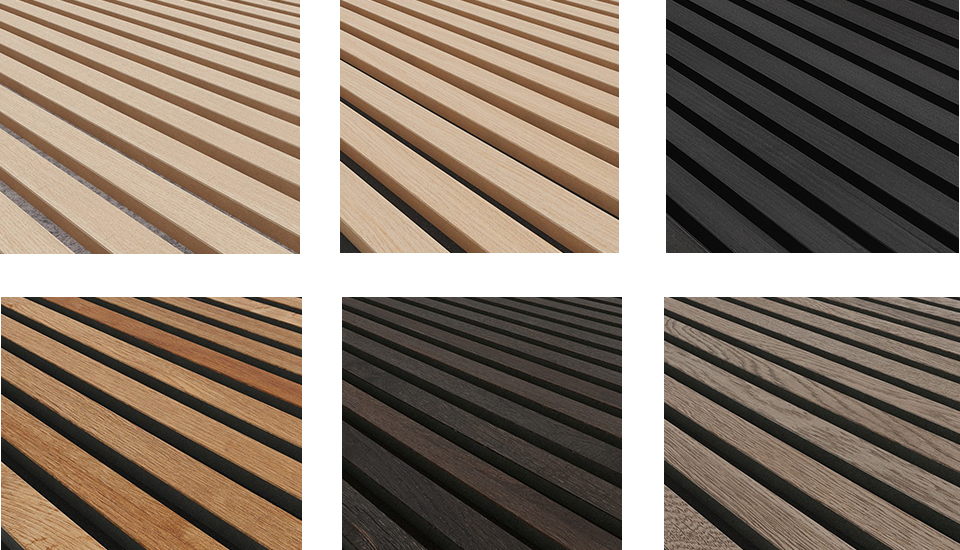 Six panneaux de bois aux teintes variées, disposés en grille, montrant des lattes inclinées de couleurs claires à foncées.